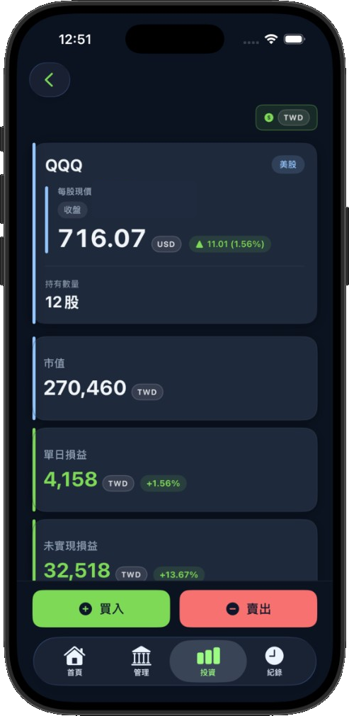 Walleaf 持倉成本與損益畫面